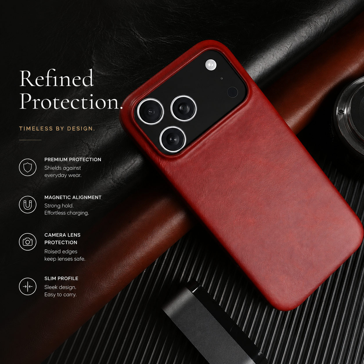 Premium iPhone Case MagSafe Compatible Genuine Leather Cover with Camera Lens Protection, Shockproof Full Coverage Design and Anti Slip Finish