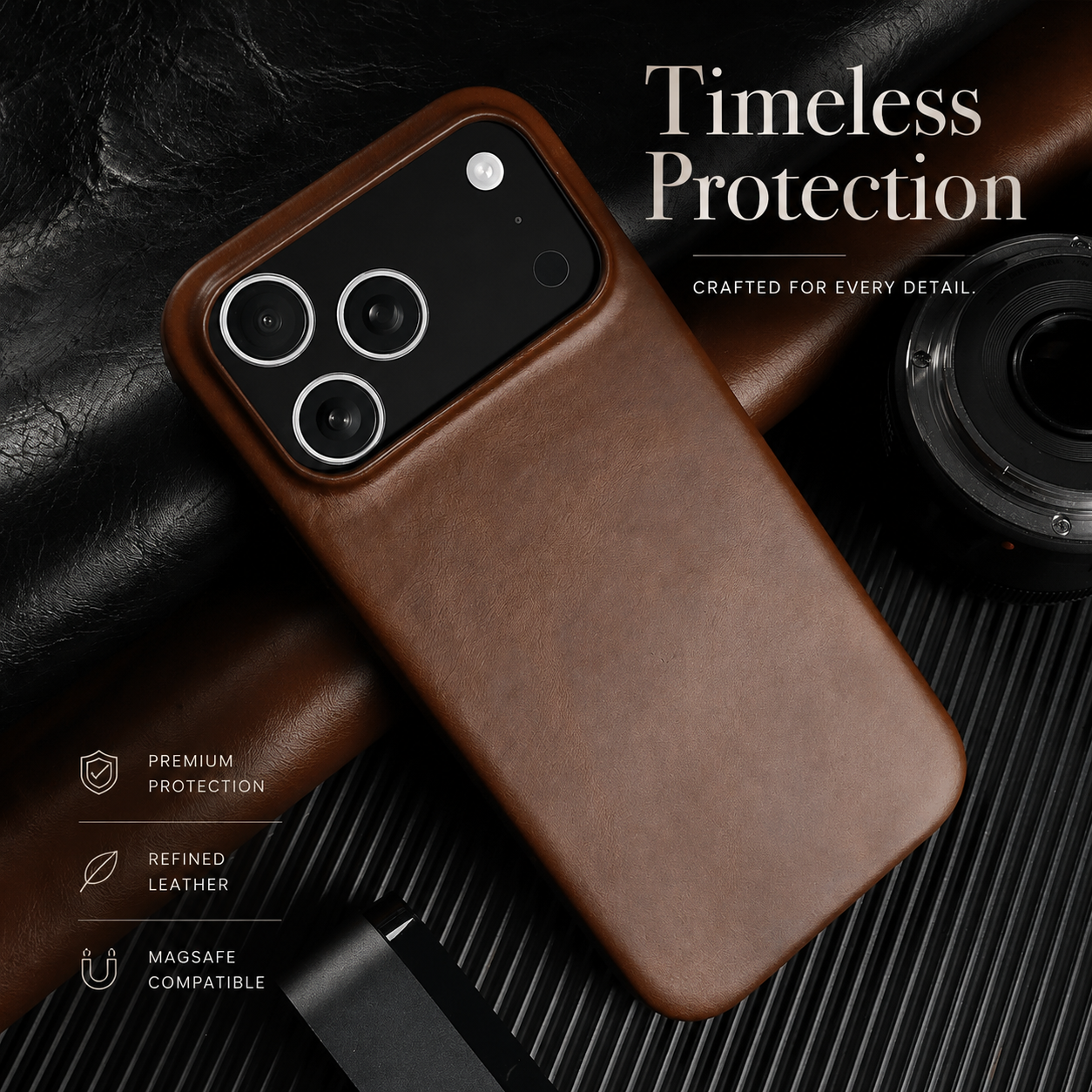 Premium iPhone Case MagSafe Compatible Genuine Leather Cover with Camera Lens Protection, Shockproof Full Coverage Design and Anti Slip Finish