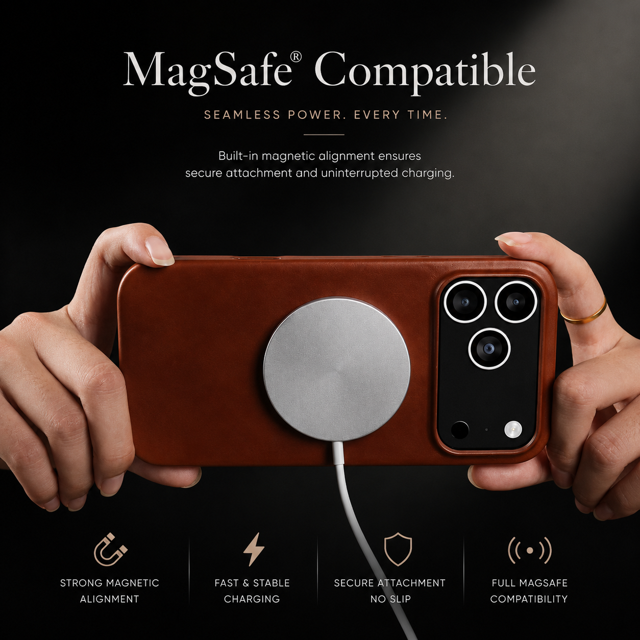 Premium iPhone Case MagSafe Compatible Genuine Leather Cover with Camera Lens Protection, Shockproof Full Coverage Design and Anti Slip Finish