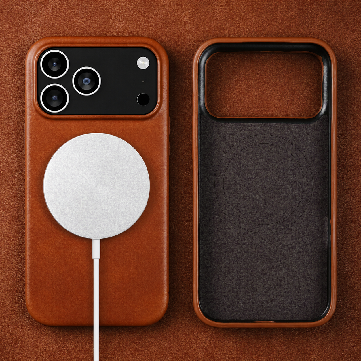 Premium iPhone Case MagSafe Compatible Genuine Leather Cover with Camera Lens Protection, Shockproof Full Coverage Design and Anti Slip Finish