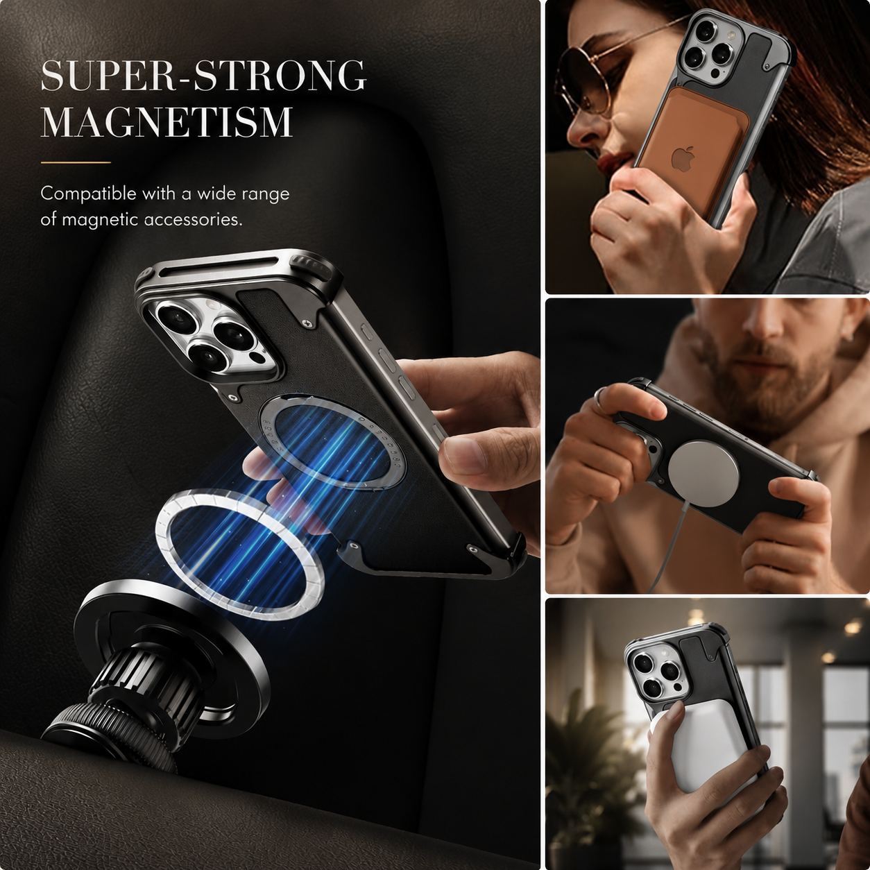 Premium iPhone Case MagSafe Compatible Genuine Leather Magnetic Cover Rotating Stand Ring Shockproof Anti Drop Frameless Wireless Charging Grip