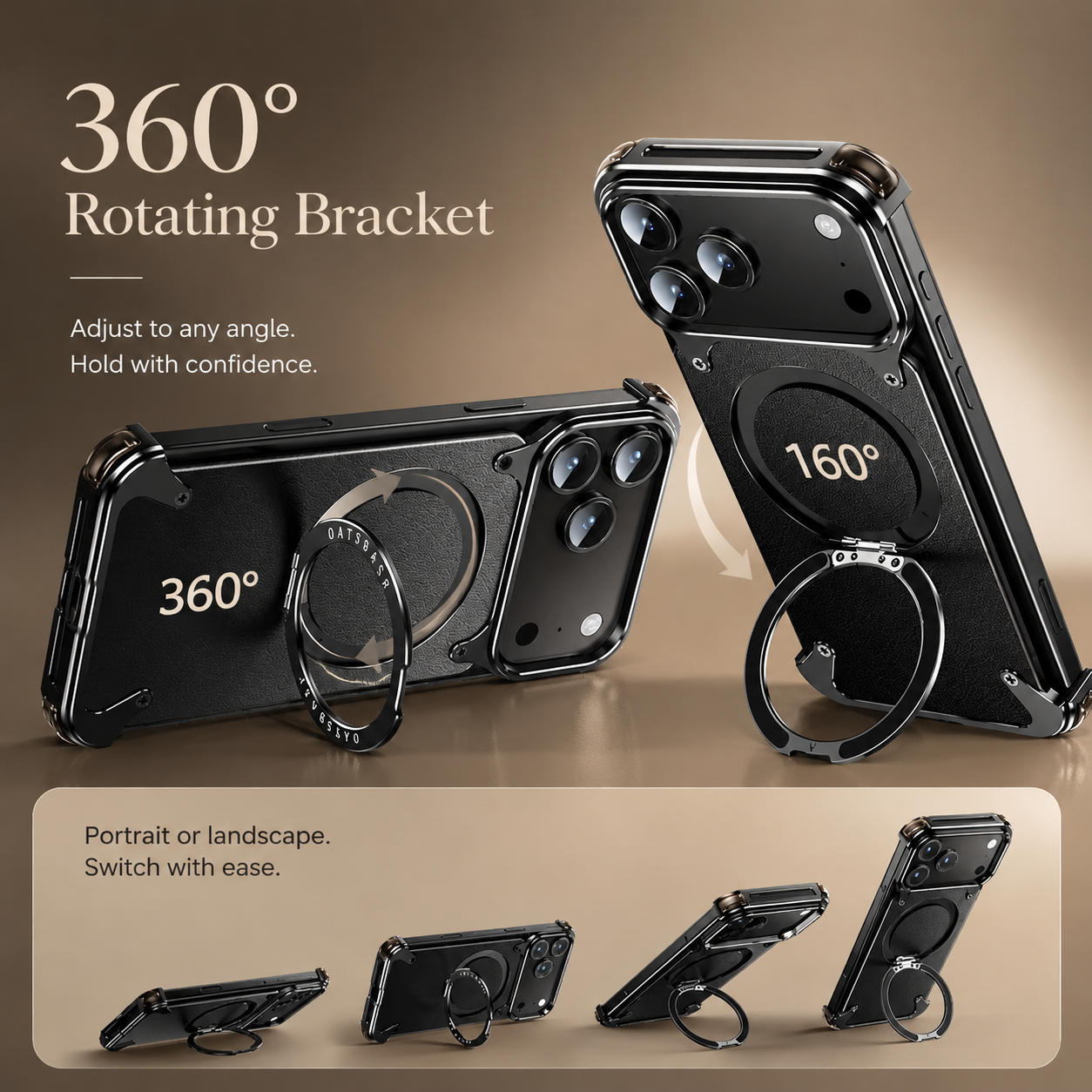 Premium iPhone Case MagSafe Compatible Genuine Leather Magnetic Cover Rotating Stand Ring Shockproof Anti Drop Frameless Wireless Charging Grip