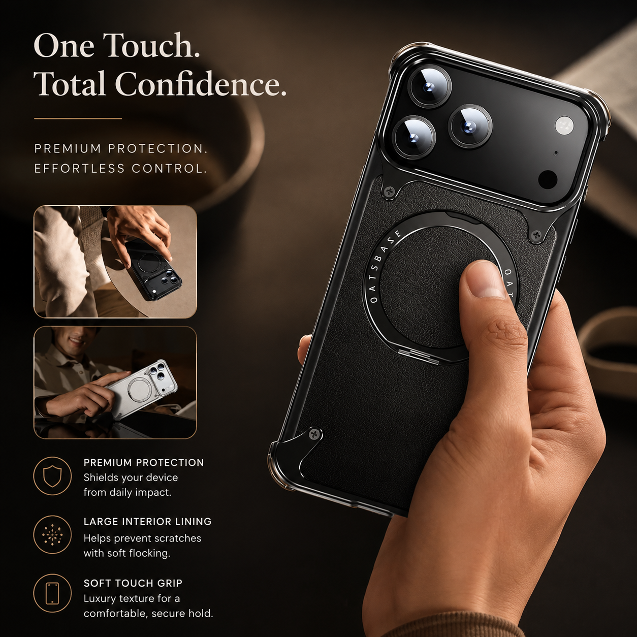 Premium iPhone Case MagSafe Compatible Genuine Leather Magnetic Cover Rotating Stand Ring Shockproof Anti Drop Frameless Wireless Charging Grip
