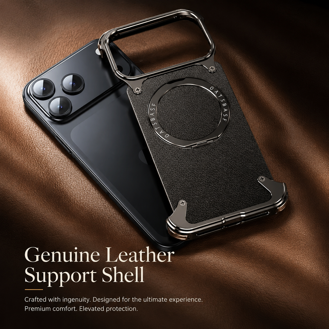 Premium iPhone Case MagSafe Compatible Genuine Leather Magnetic Cover Rotating Stand Ring Shockproof Anti Drop Frameless Wireless Charging Grip