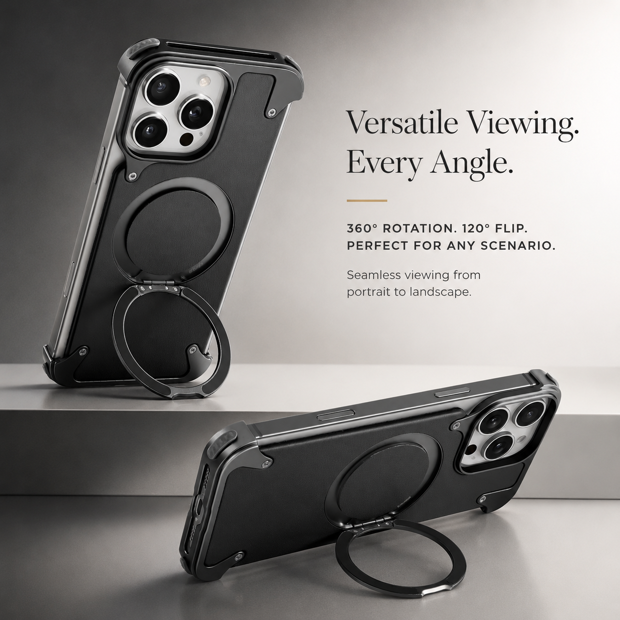 Premium iPhone Case MagSafe Compatible Genuine Leather Magnetic Cover Rotating Stand Ring Shockproof Anti Drop Frameless Wireless Charging Grip