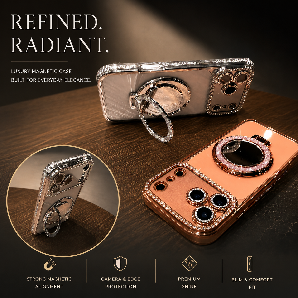 Premium iPhone Case MagSafe Compatible Glitter Mirror Protective Cover Camera Lens Protection Anti Fingerprint Shockproof Non Slip Transparent Back
