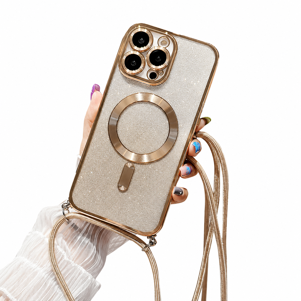 Premium iPhone Case MagSafe Compatible Gradient Glitter Crossbody Strap Shockproof TPU Protective Cover Camera Lens Protection Slim Lightweight Design