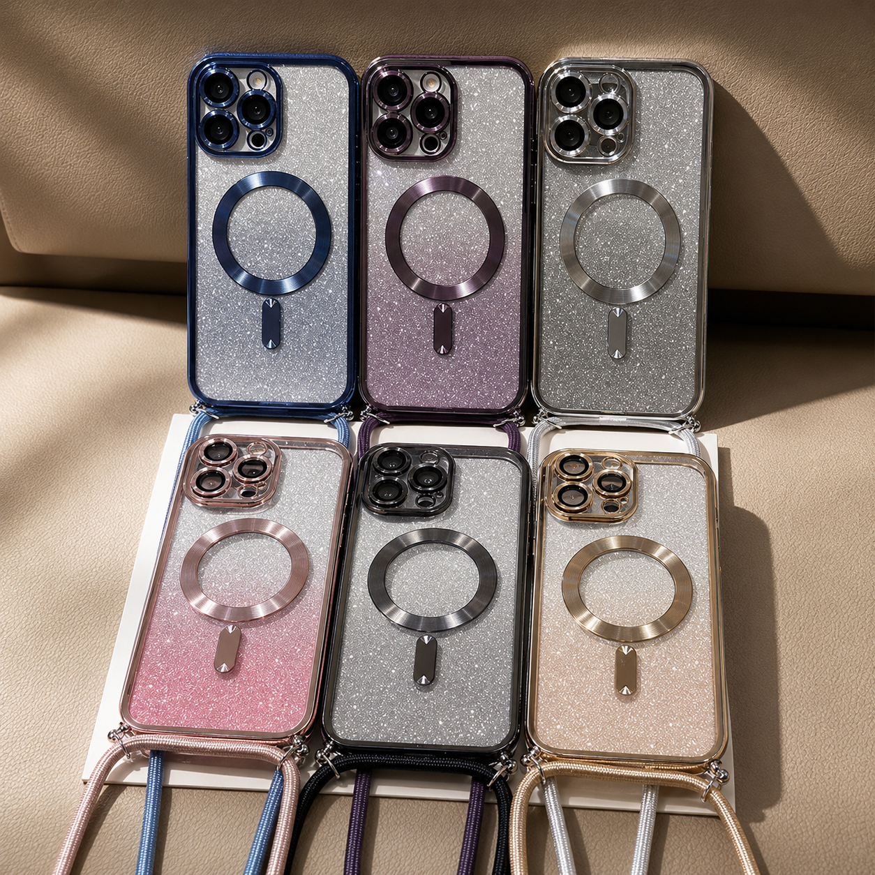 Premium iPhone Case MagSafe Compatible Gradient Glitter Crossbody Strap Shockproof TPU Protective Cover Camera Lens Protection Slim Lightweight Design