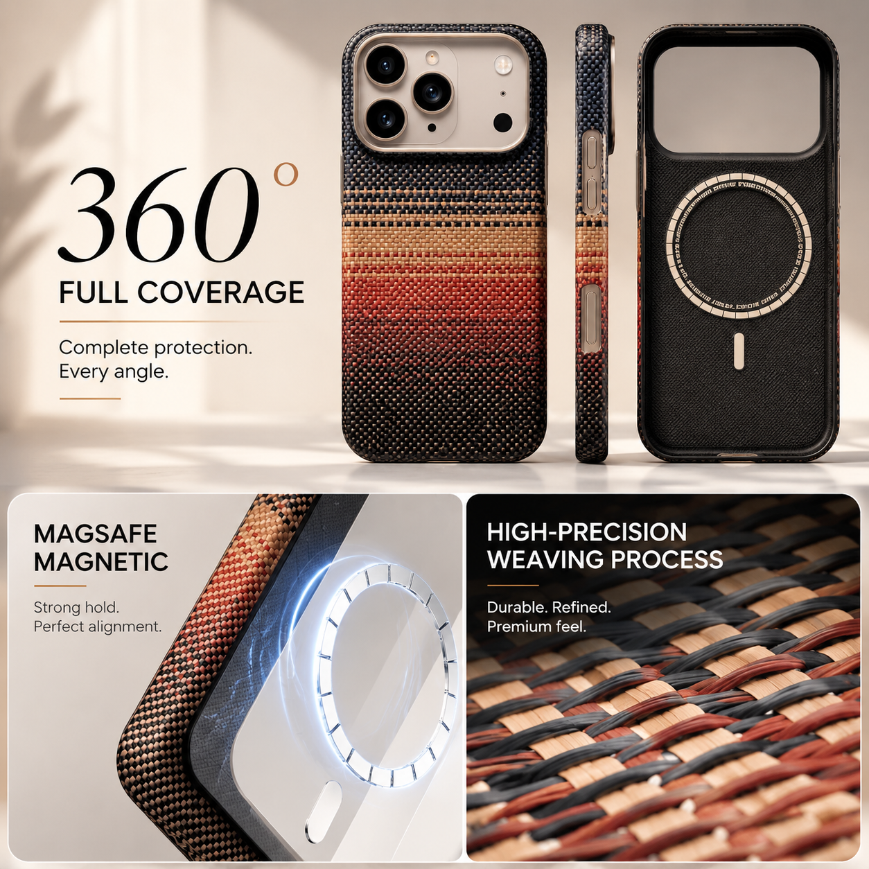 Premium iPhone Case MagSafe Compatible Kevlar Aramid Carbon Fiber Ultra Thin Full Coverage Matte Anti Scratch Raised Screen Lens Guard Protection
