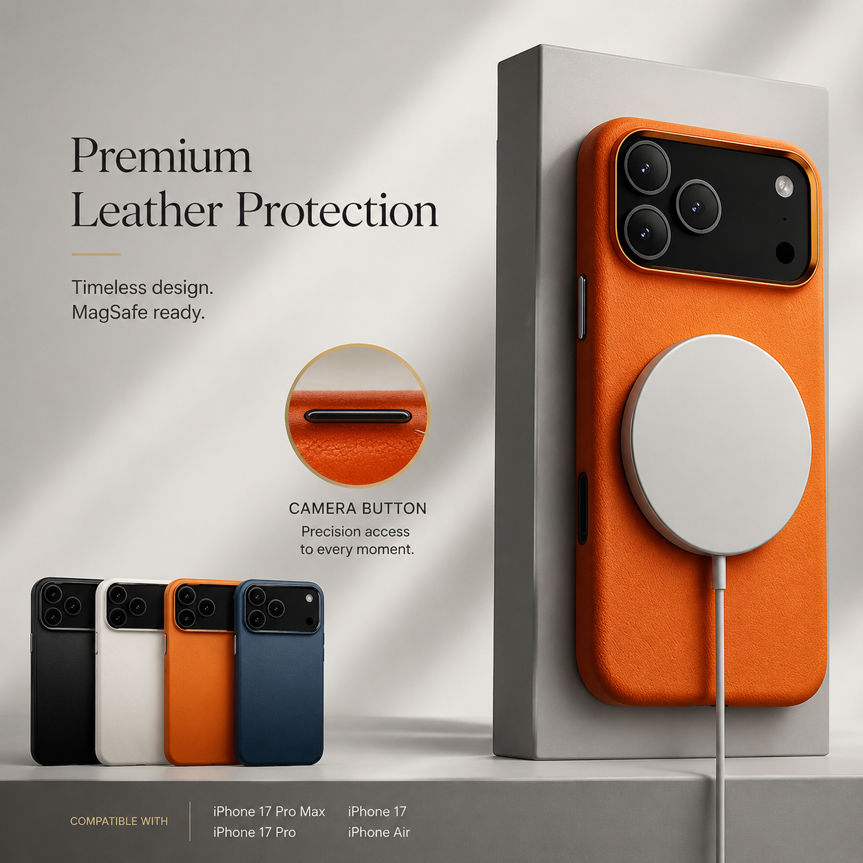 Premium iPhone Case MagSafe Compatible Leather Cover Camera Button Access Shockproof Anti Fingerprint Non Slip Grip Full Protection Design Durable Case