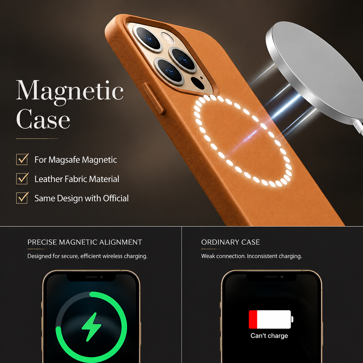 Premium iPhone Case MagSafe Compatible Leather Cover Camera Lens Protection Magnetic Shockproof Half Wrapped Design Anti Fingerprint Wireless Charging