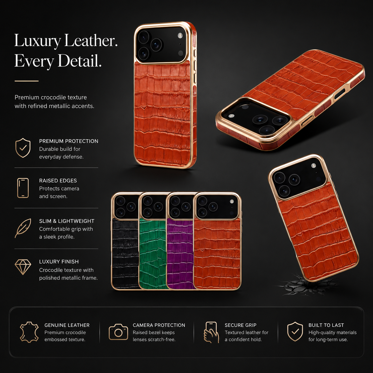 Premium iPhone Case MagSafe Compatible Leather Cover with Crocodile Texture Design, Camera Lens Protection, Anti Fingerprint Finish and Scratch Resistant Build