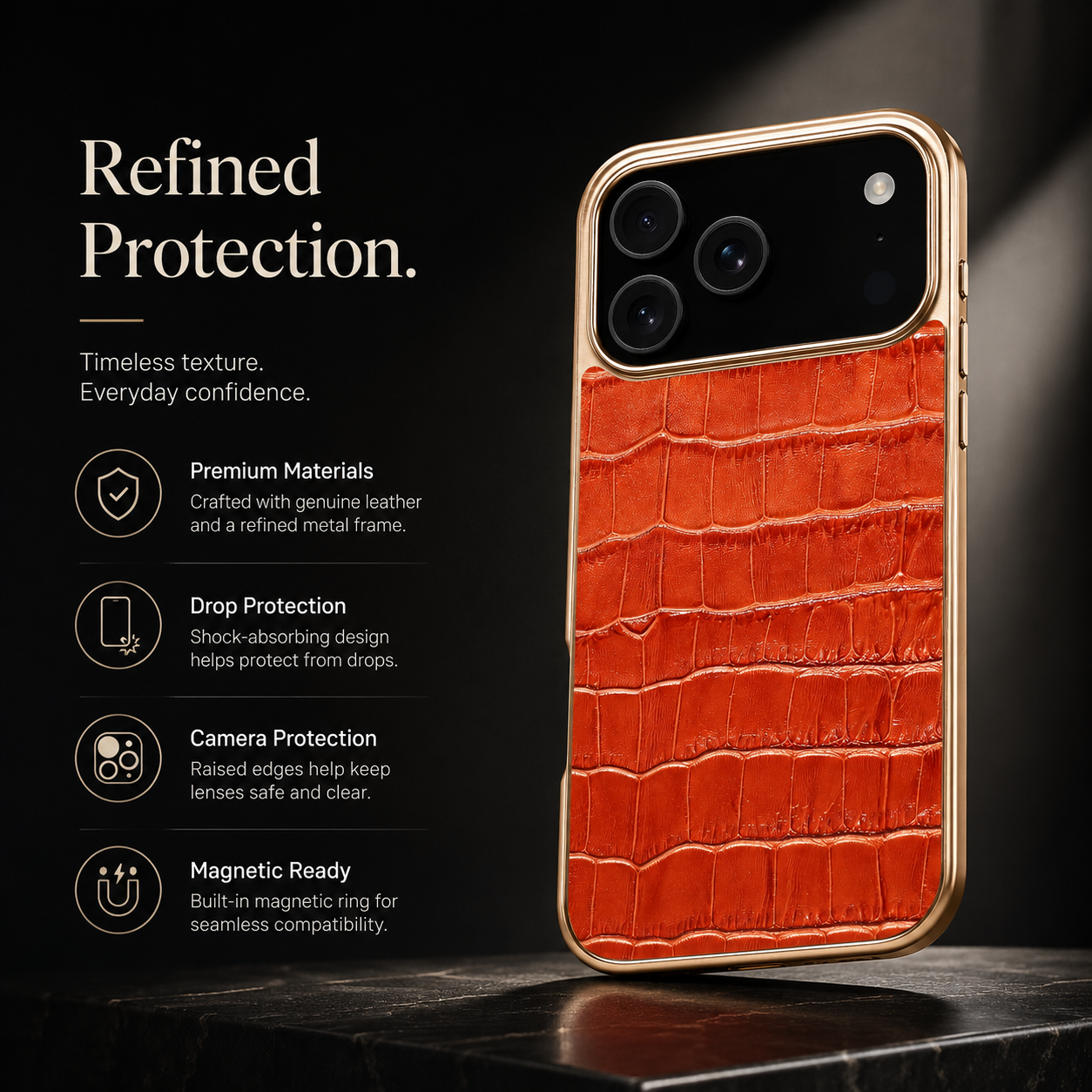 Premium iPhone Case MagSafe Compatible Leather Cover with Crocodile Texture Design, Camera Lens Protection, Anti Fingerprint Finish and Scratch Resistant Build