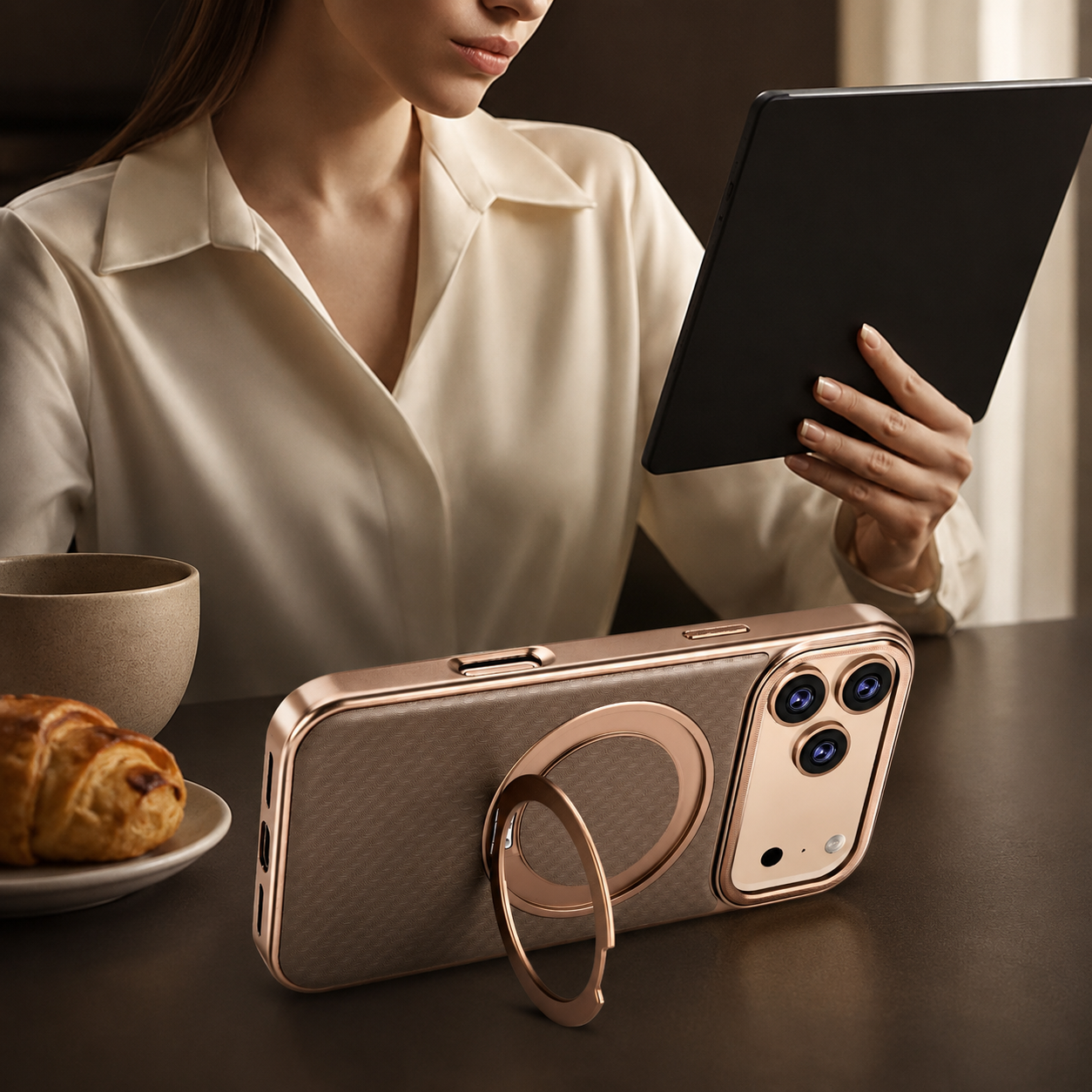 Premium iPhone Case MagSafe Compatible Leather Cover with Rotating Bracket Holder, Diamond Pattern Design, Shockproof Protection and Camera Lens Protection