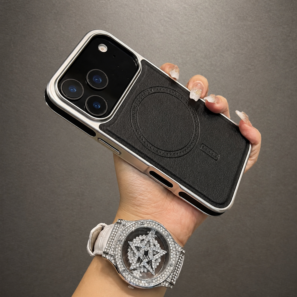 Premium iPhone Case MagSafe Compatible Leather Cover with Shockproof Plating Frame, Anti Fingerprint Surface, Original Business Style, Full Protection
