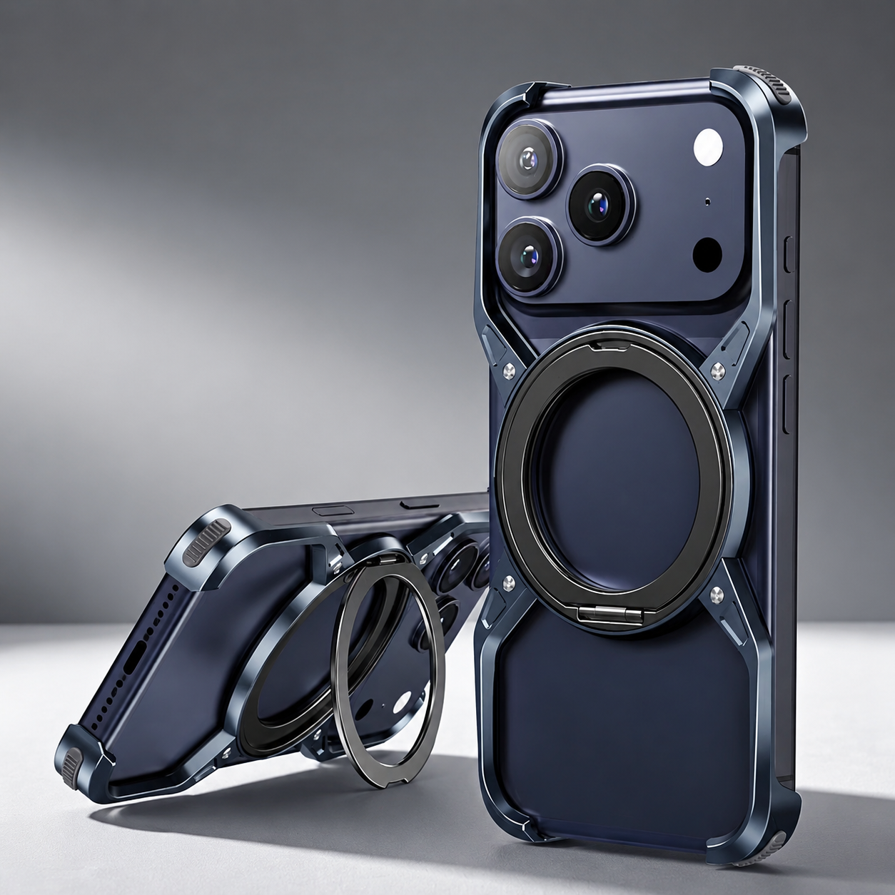 Premium iPhone Case MagSafe Compatible Magnetic Bumper Aluminum Alloy Frame Rotating Ring Stand Shockproof Camera Lens Guard Wireless Charging
