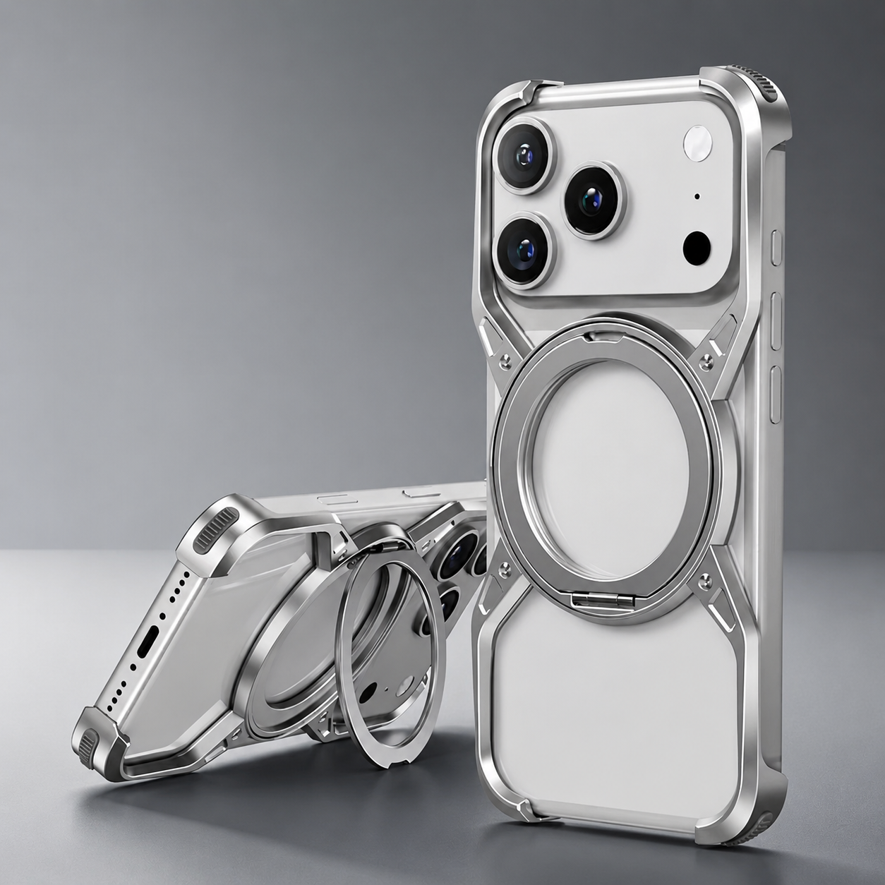 Premium iPhone Case MagSafe Compatible Magnetic Bumper Aluminum Alloy Frame Rotating Ring Stand Shockproof Camera Lens Guard Wireless Charging