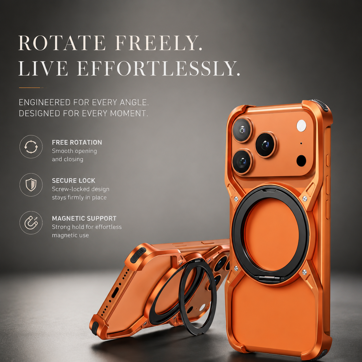 Premium iPhone Case MagSafe Compatible Magnetic Bumper Aluminum Alloy Frame Rotating Ring Stand Shockproof Camera Lens Guard Wireless Charging