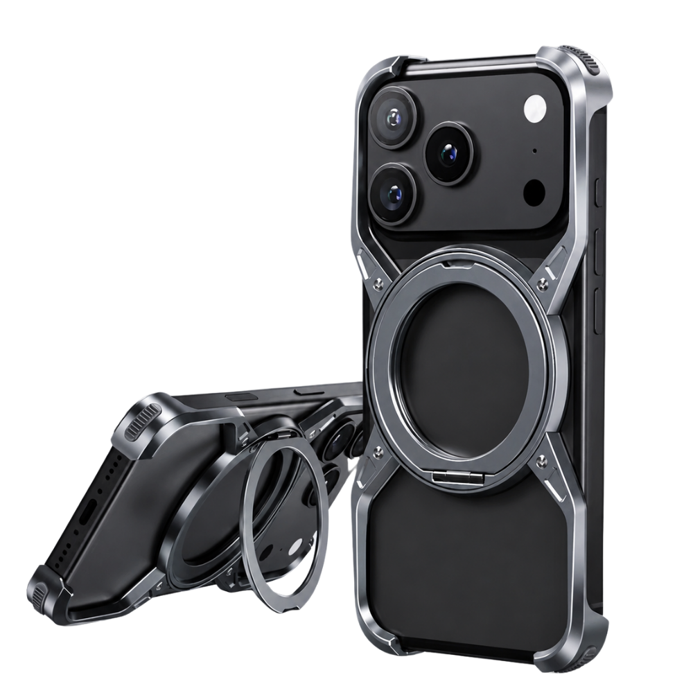 Premium iPhone Case MagSafe Compatible Magnetic Bumper Aluminum Alloy Frame Rotating Ring Stand Shockproof Camera Lens Guard Wireless Charging