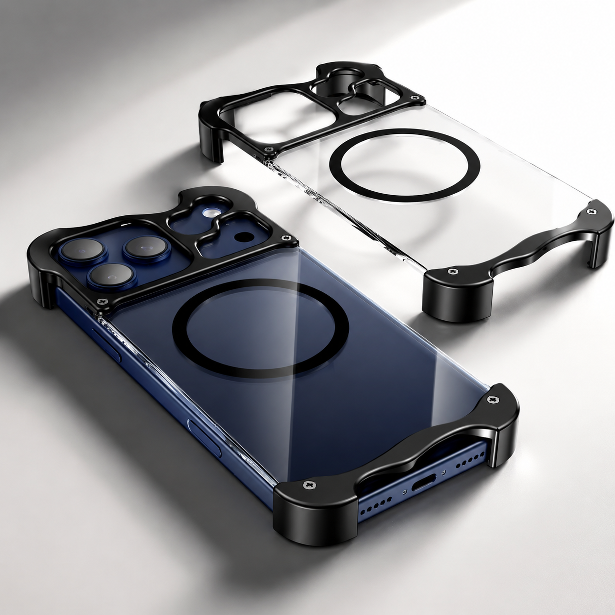 Premium iPhone Case MagSafe Compatible Magnetic Bumper Aluminum Corner Protection Transparent Back Shockproof Metal Pads Camera Lens Guard Lightweight