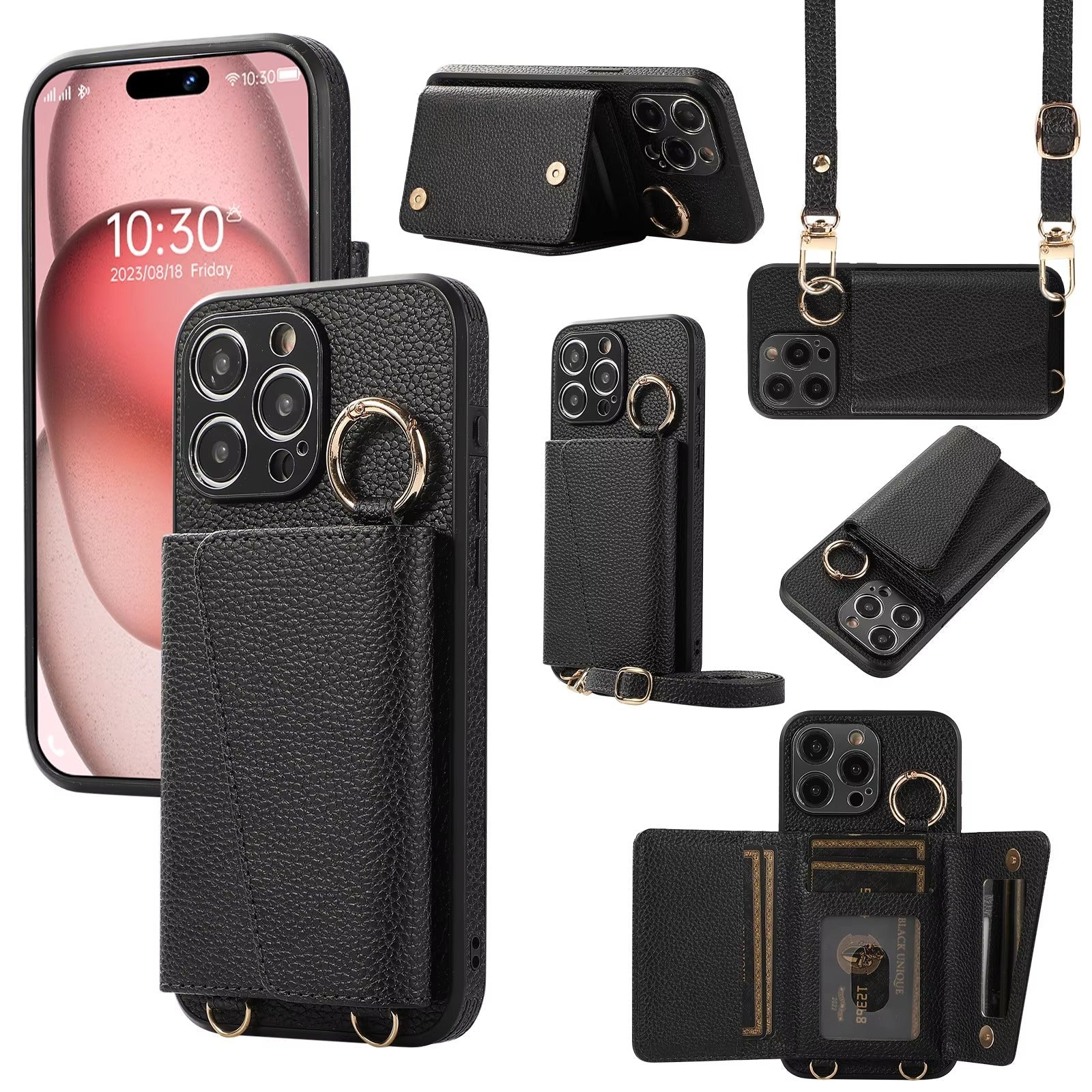 Premium iPhone Case MagSafe Compatible Magnetic Crossbody Wallet Cover PU Leather Card Slots Finger Ring Buckle Strap Shockproof Organizer Carrying