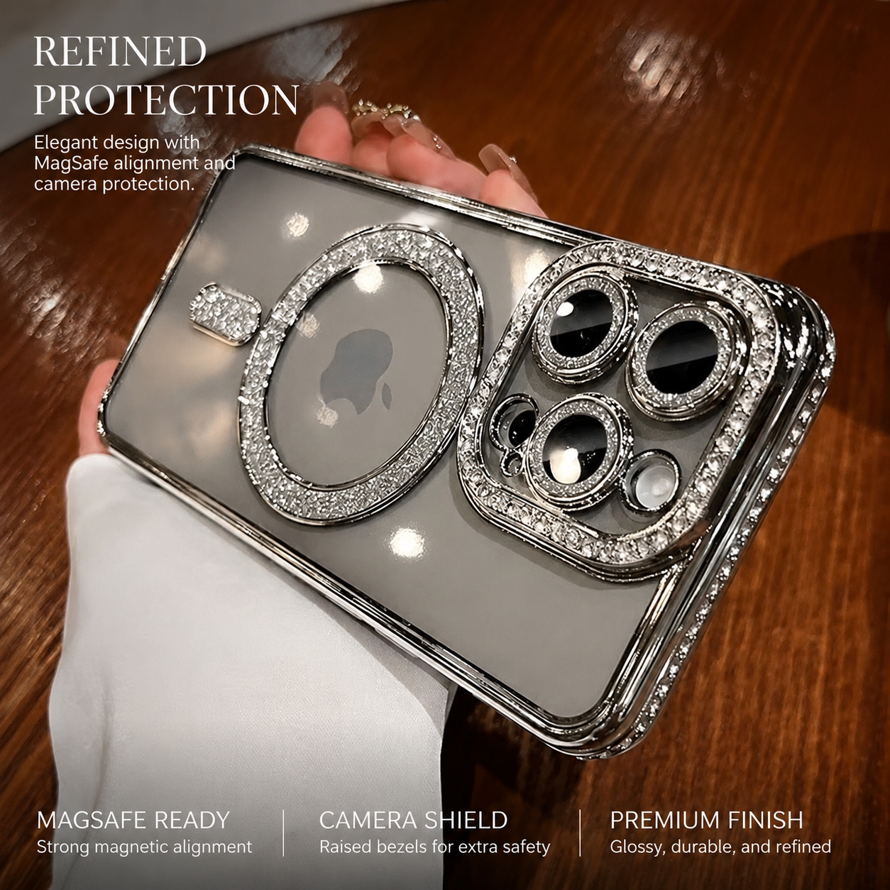 Premium iPhone Case MagSafe Compatible Magnetic Protective Cover Transparent Glitter Diamond Design Shockproof Bumper Camera Lens Guard Lightweight