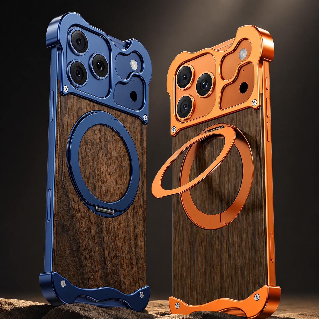 Premium iPhone Case MagSafe Compatible Magnetic Protective Cover Wood Back Aluminum Frame 360° Rotating Ring Stand Camera Lens Protection Shockproof Slim Design