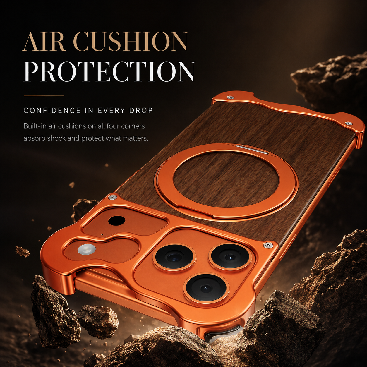 Premium iPhone Case MagSafe Compatible Magnetic Protective Cover Wood Back Aluminum Frame 360° Rotating Ring Stand Camera Lens Protection Shockproof Slim Design