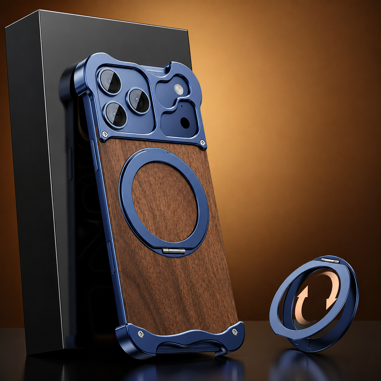 Premium iPhone Case MagSafe Compatible Magnetic Protective Cover Wood Back Aluminum Frame 360° Rotating Ring Stand Camera Lens Protection Shockproof Slim Design