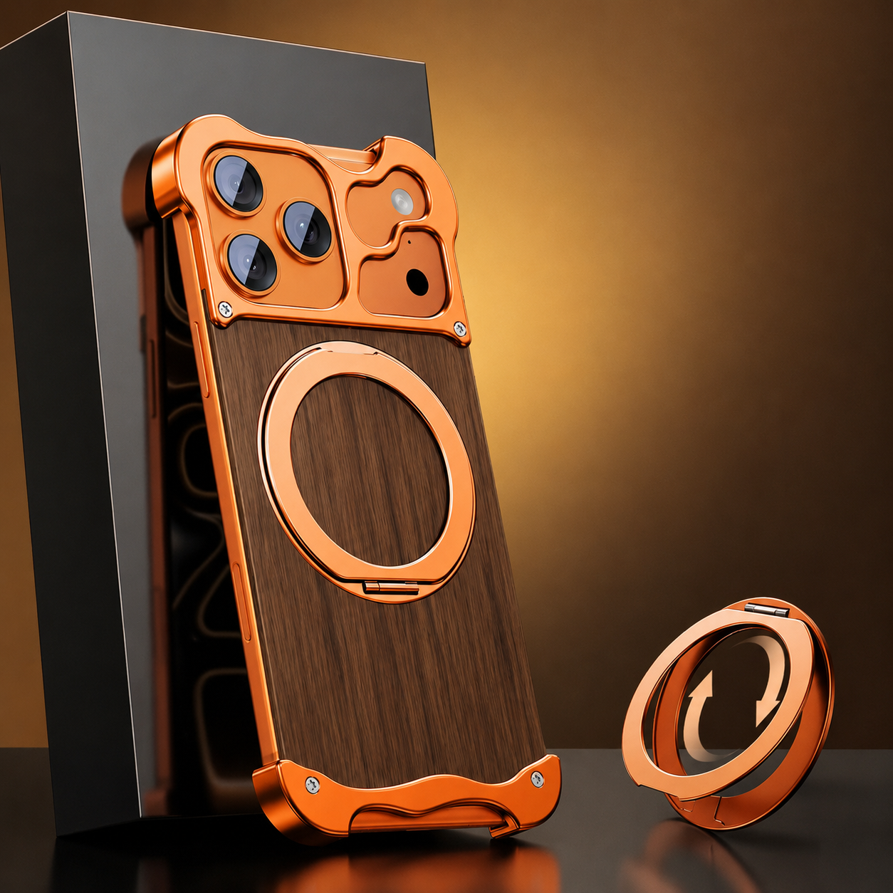 Premium iPhone Case MagSafe Compatible Magnetic Protective Cover Wood Back Aluminum Frame 360° Rotating Ring Stand Camera Lens Protection Shockproof Slim Design