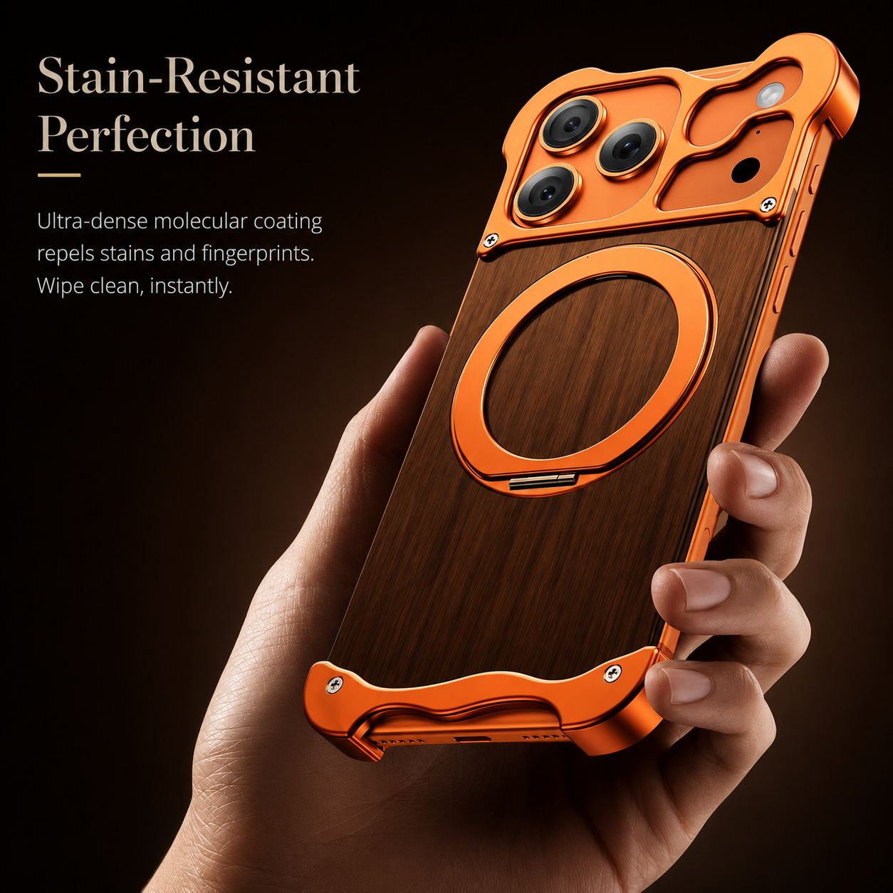 Premium iPhone Case MagSafe Compatible Magnetic Protective Cover Wood Back Aluminum Frame 360° Rotating Ring Stand Camera Lens Protection Shockproof Slim Design