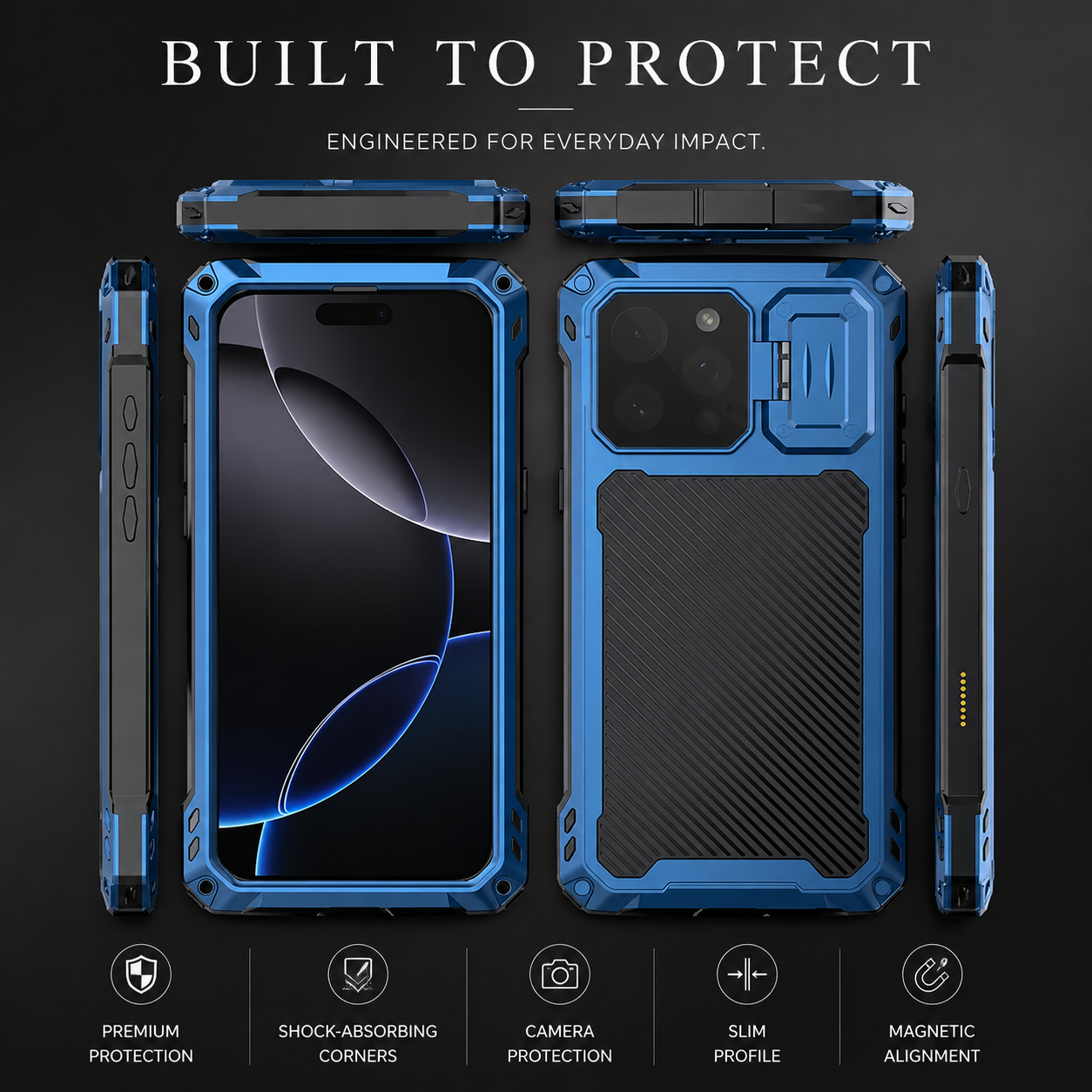 Premium iPhone Case MagSafe Compatible Metal Armor Design with Camera Lens Protection, Dual Layer Shockproof Construction, Heavy Duty Durability