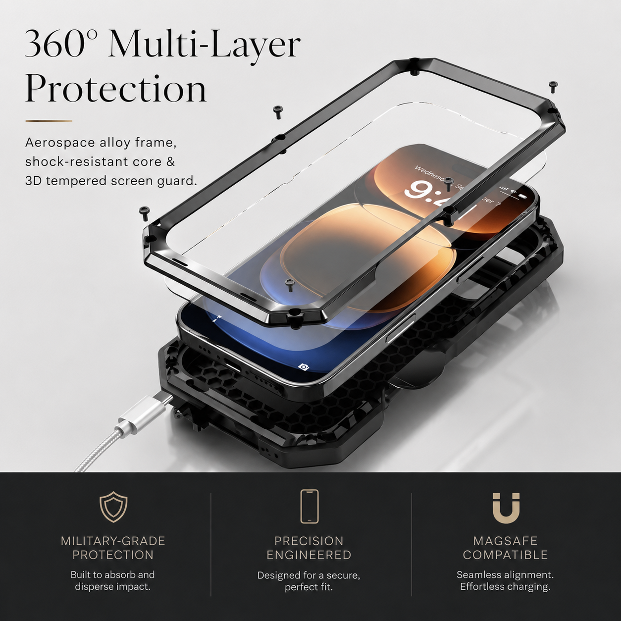 Premium iPhone Case MagSafe Compatible Metal Armor Protective Cover Full Body Hybrid Design Slide Camera Cover Tempered Glass Screen Shockproof Waterproof Rugged Design