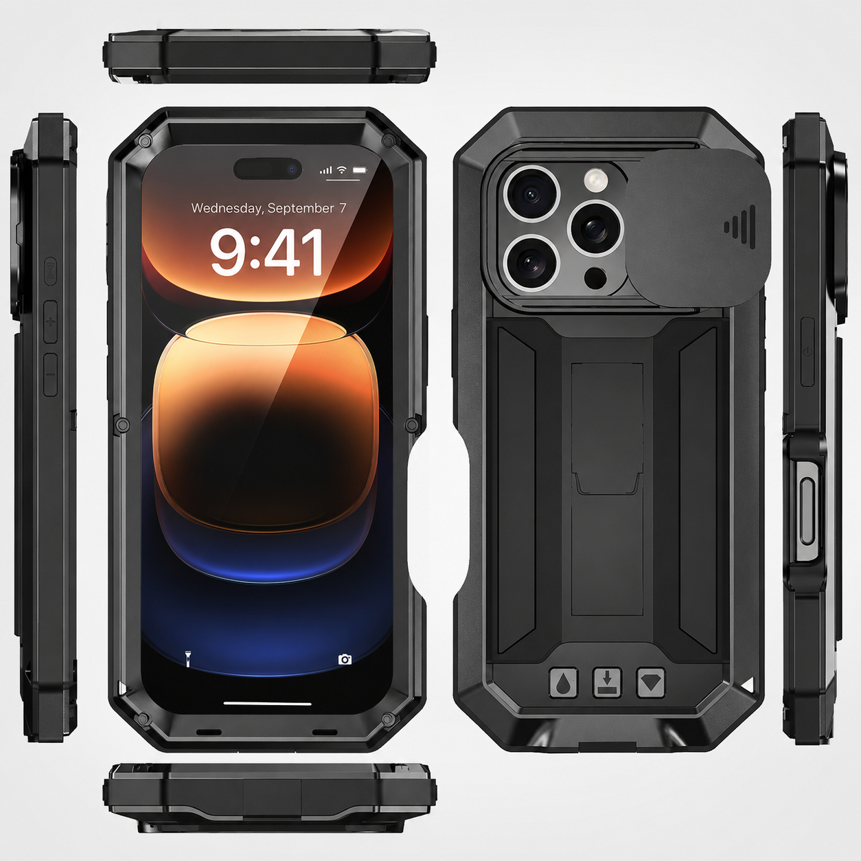 Premium iPhone Case MagSafe Compatible Metal Armor Protective Cover Full Body Hybrid Design Slide Camera Cover Tempered Glass Screen Shockproof Waterproof Rugged Design