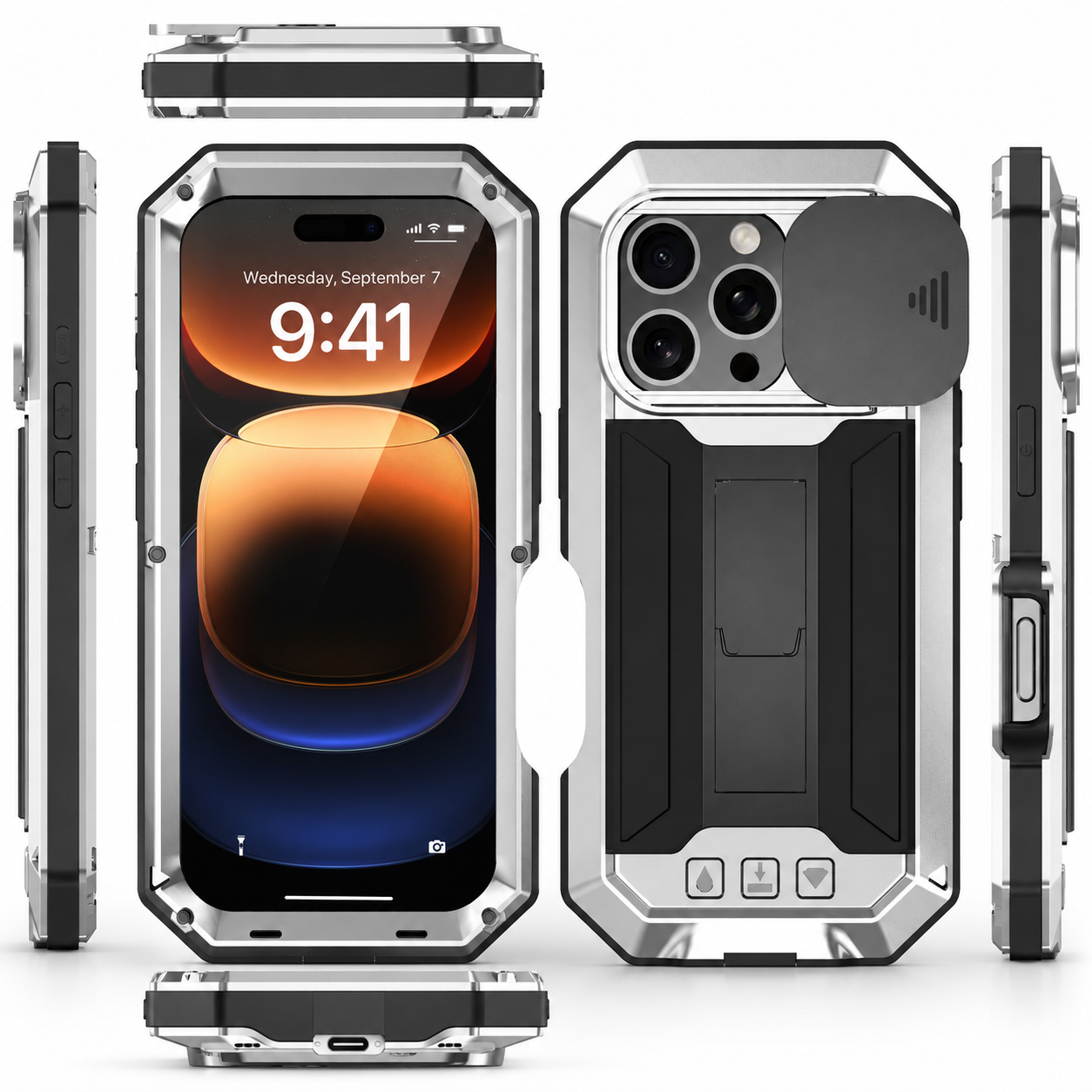 Premium iPhone Case MagSafe Compatible Metal Armor Protective Cover Full Body Hybrid Design Slide Camera Cover Tempered Glass Screen Shockproof Waterproof Rugged Design