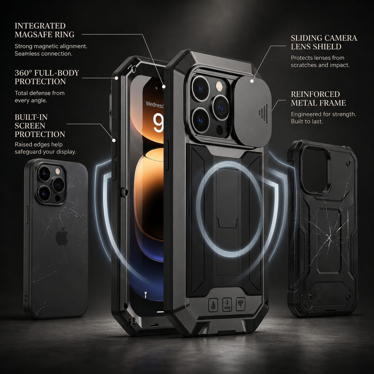Premium iPhone Case MagSafe Compatible Metal Armor Protective Cover Full Body Hybrid Design Slide Camera Cover Tempered Glass Screen Shockproof Waterproof Rugged Design