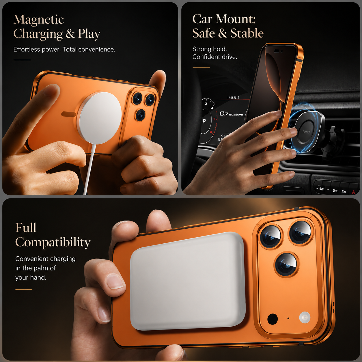 Premium iPhone Case MagSafe Compatible Orange Aluminum Alloy Cover Camera Lens Protection Shockproof Anti Scratch Finish Lightweight Secure Grip Full Coverage Design