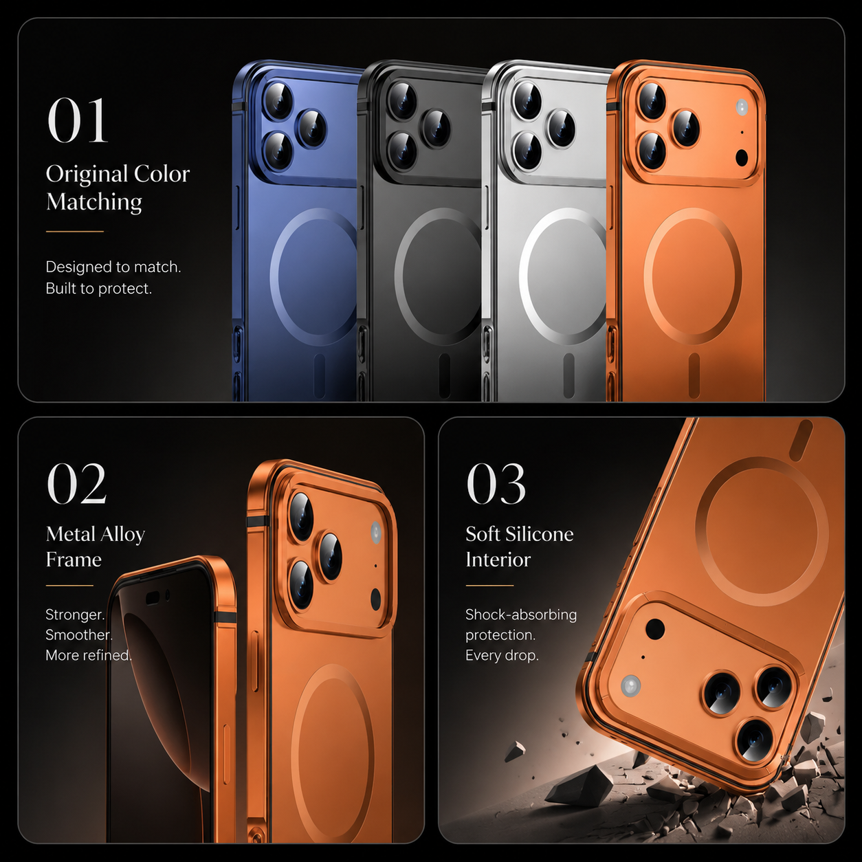 Premium iPhone Case MagSafe Compatible Orange Aluminum Alloy Cover Camera Lens Protection Shockproof Anti Scratch Finish Lightweight Secure Grip Full Coverage Design
