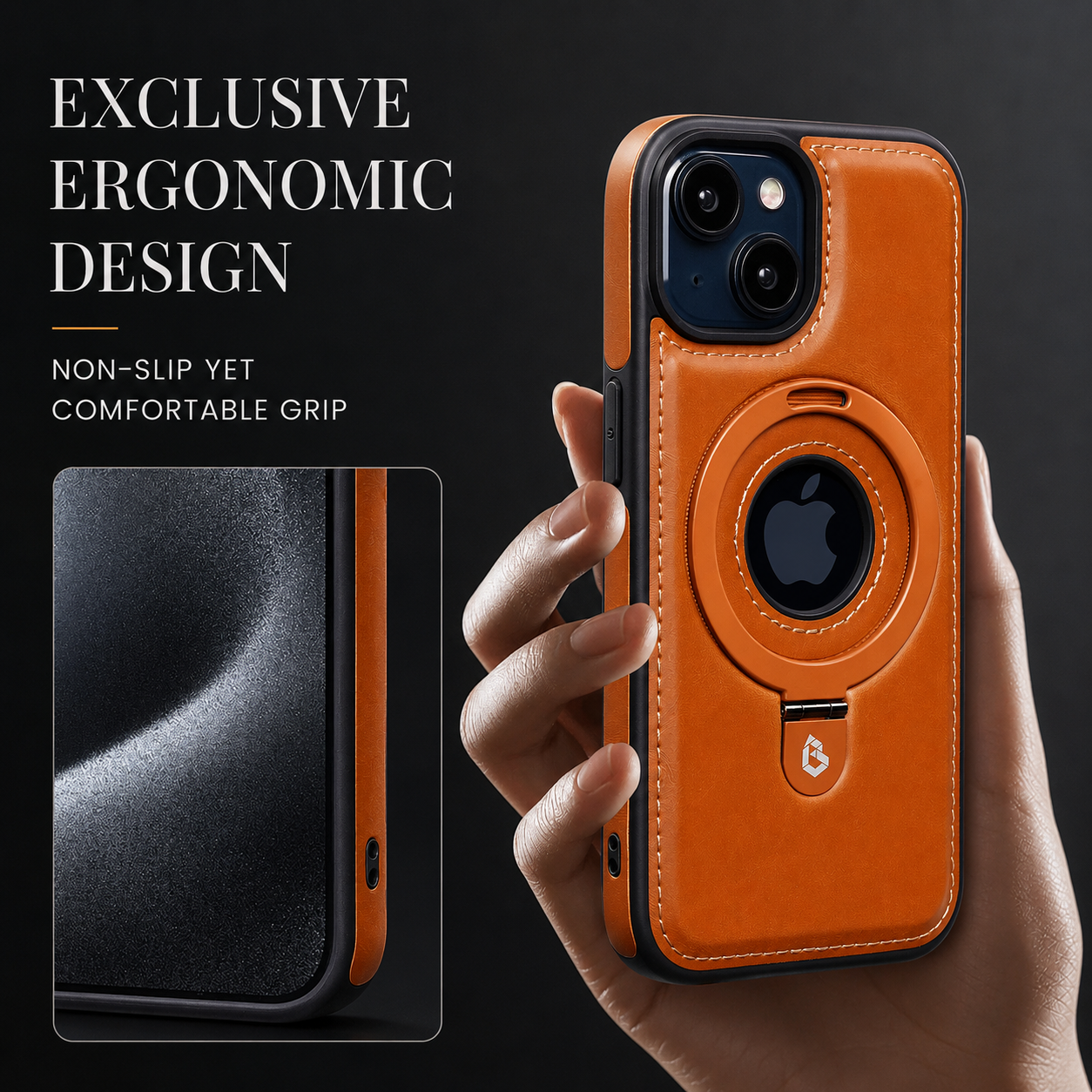 Premium iPhone Case MagSafe Compatible PU Leather Protective Cover 360 Rotating Ring Stand Camera Lens Protection Shockproof Slim Design