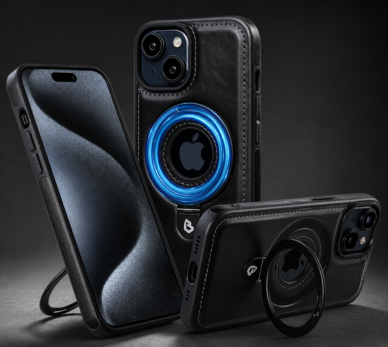 Premium iPhone Case MagSafe Compatible PU Leather Protective Cover 360 Rotating Ring Stand Camera Lens Protection Shockproof Slim Design