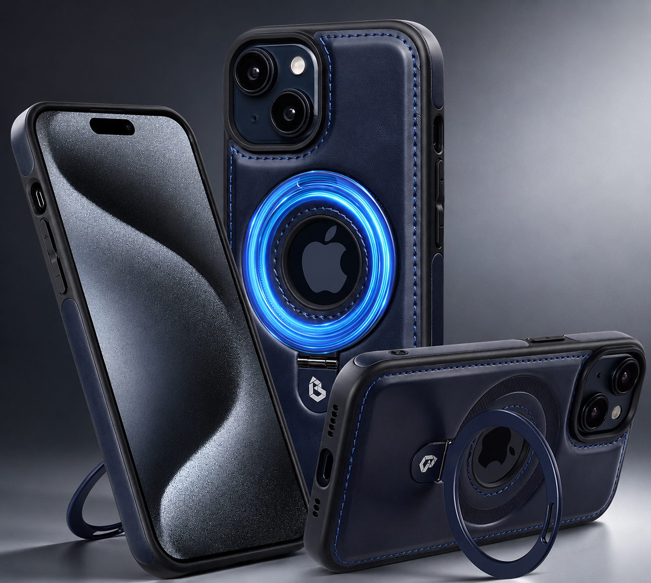 Premium iPhone Case MagSafe Compatible PU Leather Protective Cover 360 Rotating Ring Stand Camera Lens Protection Shockproof Slim Design