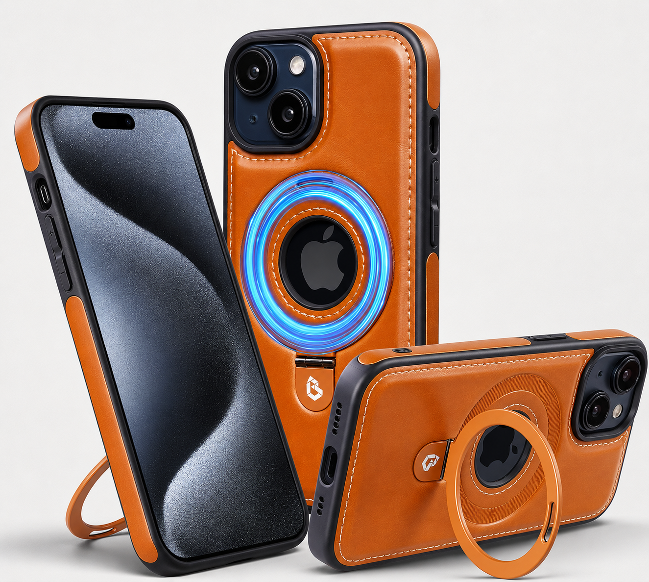 Premium iPhone Case MagSafe Compatible PU Leather Protective Cover 360 Rotating Ring Stand Camera Lens Protection Shockproof Slim Design
