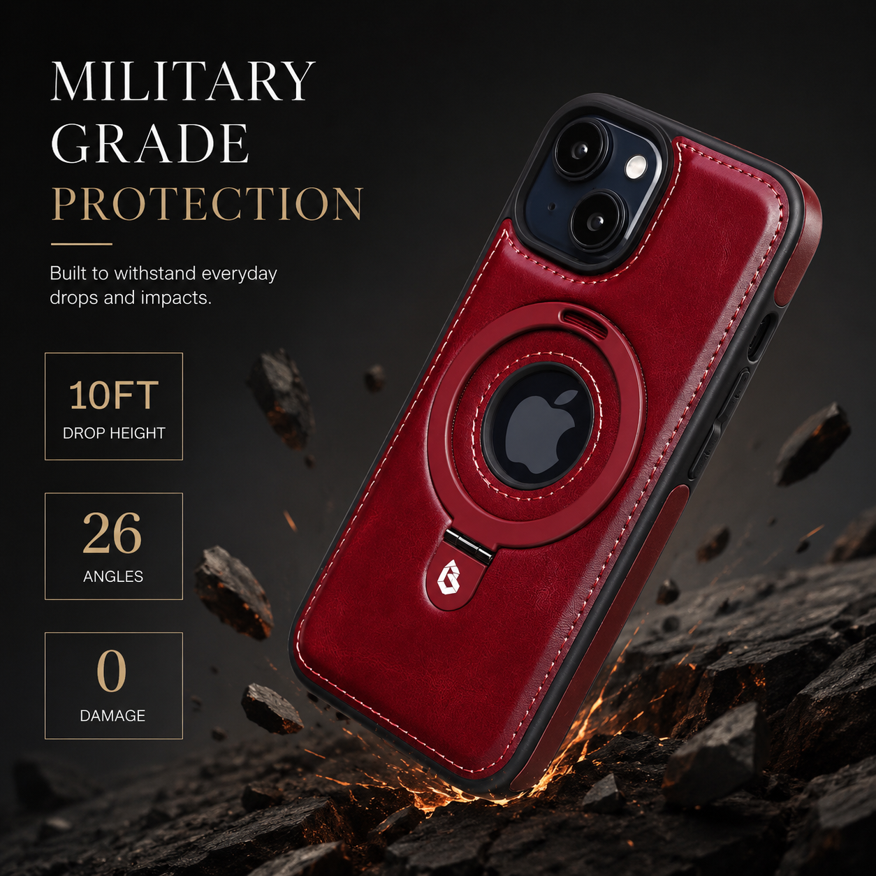 Premium iPhone Case MagSafe Compatible PU Leather Protective Cover 360 Rotating Ring Stand Camera Lens Protection Shockproof Slim Design