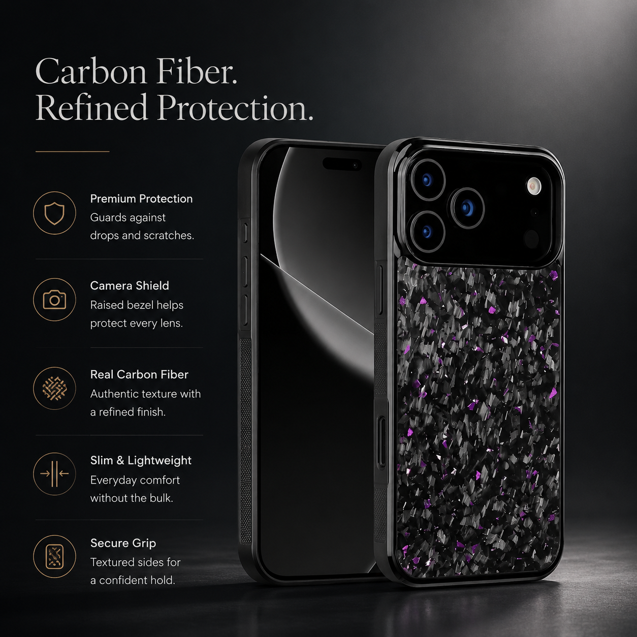 Premium iPhone Case MagSafe Compatible Real Forged Carbon Fiber Finish, TPU Hybrid Structure, Shock Resistant Non Slip Full Coverage Design