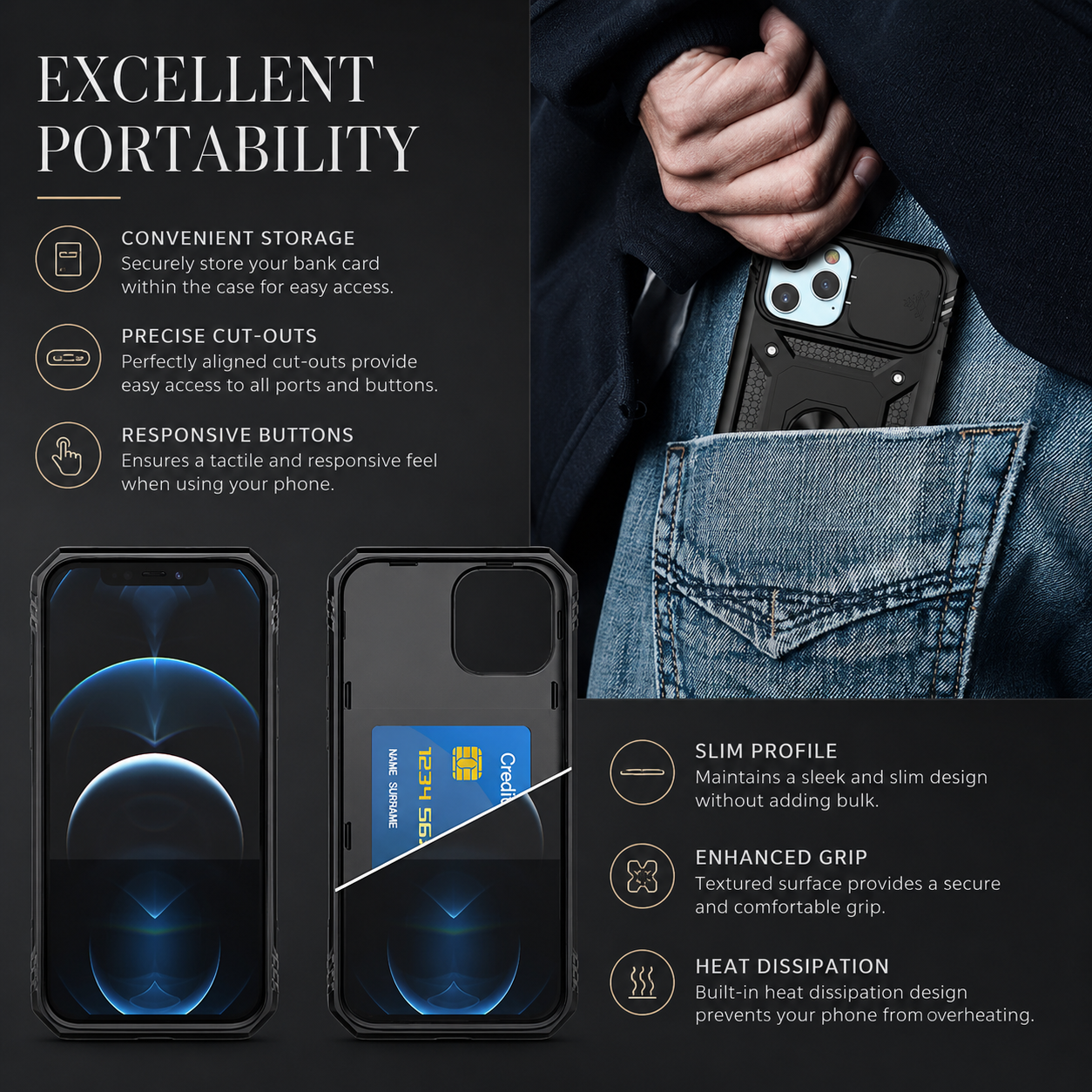 Premium iPhone Case MagSafe Compatible Rugged Armor Card Holder Kickstand Shockproof Protective Cover Camera Lens Protection Heavy Duty Design