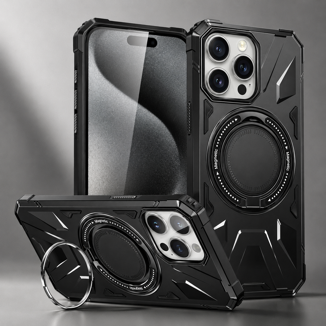 Premium iPhone Case MagSafe Compatible Rugged Armor Protective Cover 360 Rotating Ring Stand Camera Lens Protection Shockproof Hard PC Design