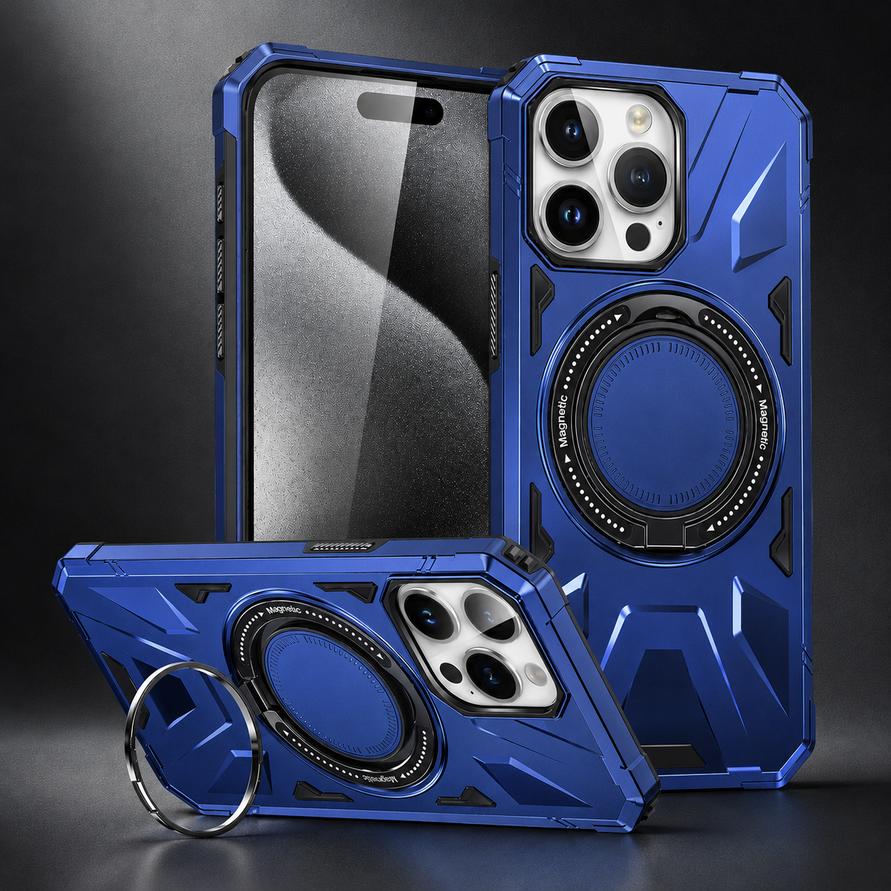 Premium iPhone Case MagSafe Compatible Rugged Armor Protective Cover 360 Rotating Ring Stand Camera Lens Protection Shockproof Hard PC Design