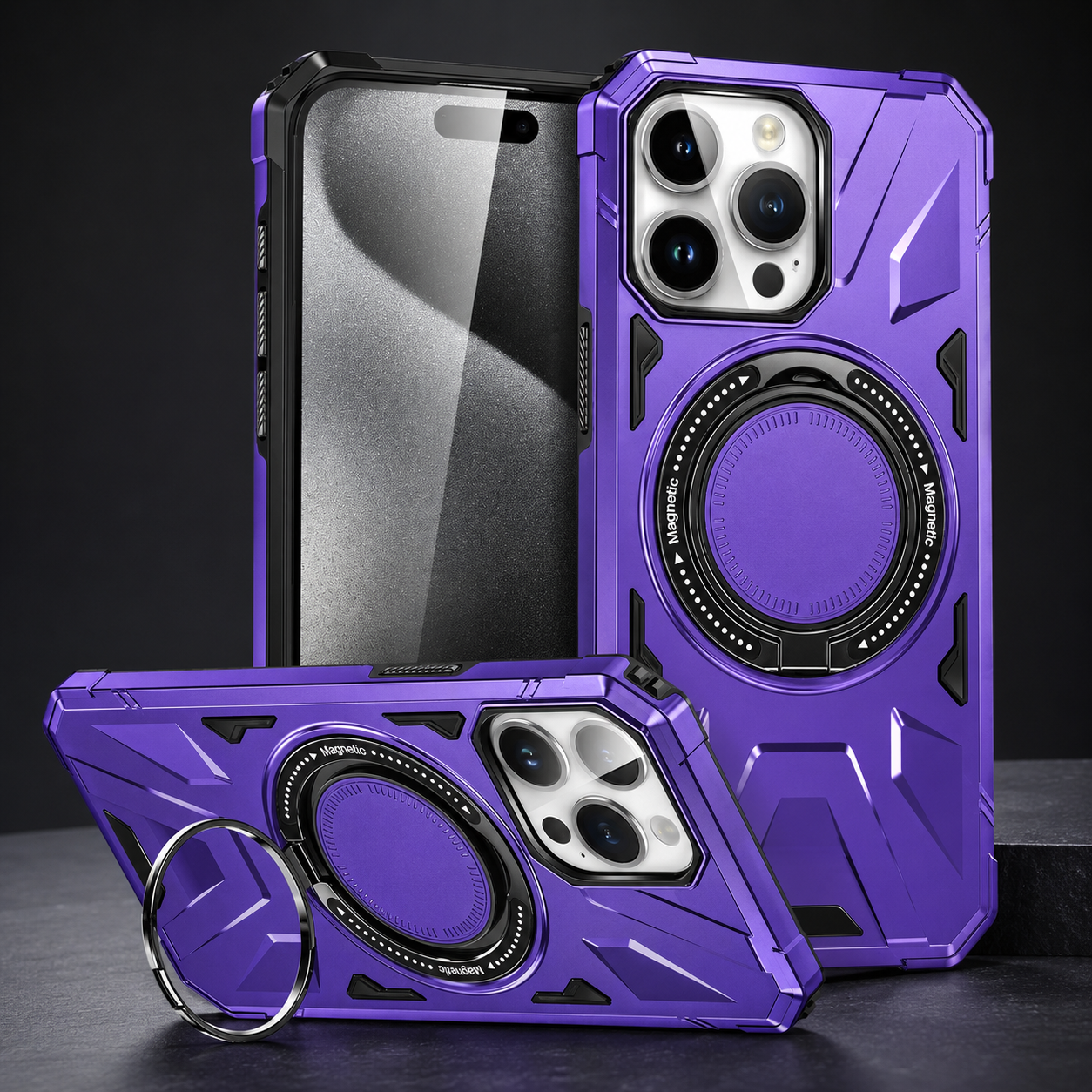 Premium iPhone Case MagSafe Compatible Rugged Armor Protective Cover 360 Rotating Ring Stand Camera Lens Protection Shockproof Hard PC Design