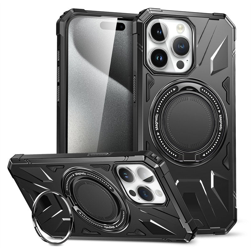 Premium iPhone Case MagSafe Compatible Rugged Armor Protective Cover 360 Rotating Ring Stand Camera Lens Protection Shockproof Hard PC Design