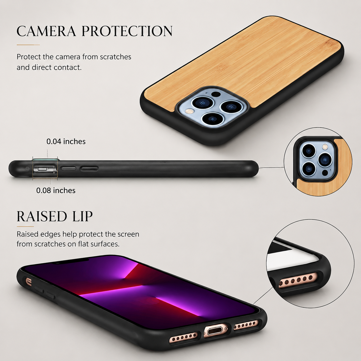Premium iPhone Case MagSafe Compatible Solid Bamboo Wood Protective Cover Camera Lens Protection Shockproof Hard Back Slim Natural Design